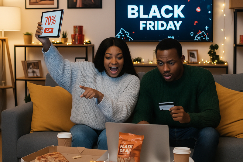 African American couple sitting in front of a laptop waiting for the Black Friday sale