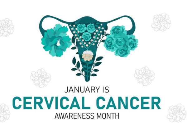 text says "January is Cervical Cancer Awareness Month", with an illustration design of a uterus with flowers