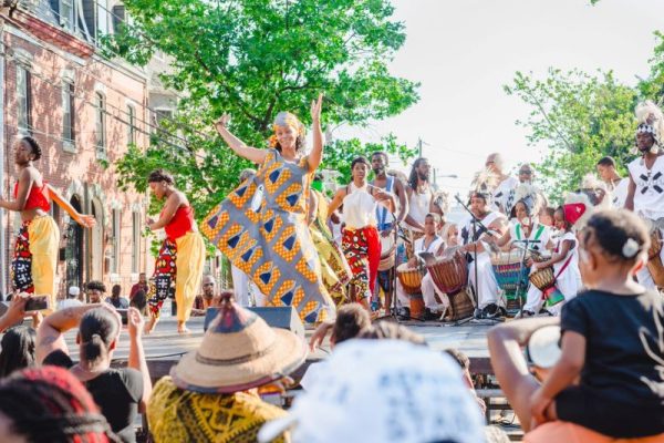 Dancers and drummers on stage at Odunde in Philadelphia