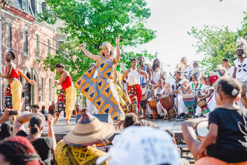 Dancers and drummers on stage at Odunde in Philadelphia
