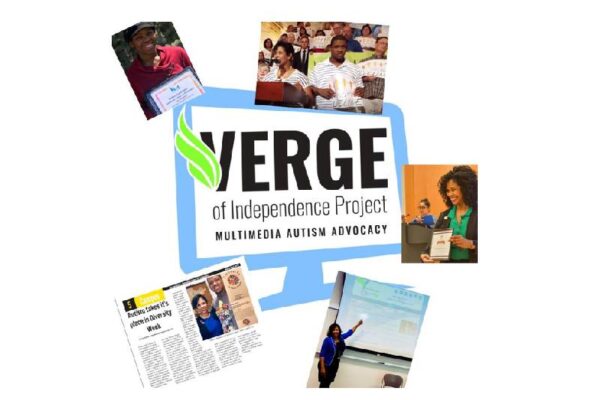 The Verge of Independence project logo - a computer monitor with text, and a photo collage of Eva Blackwell and her son accomplishing goals for the organization