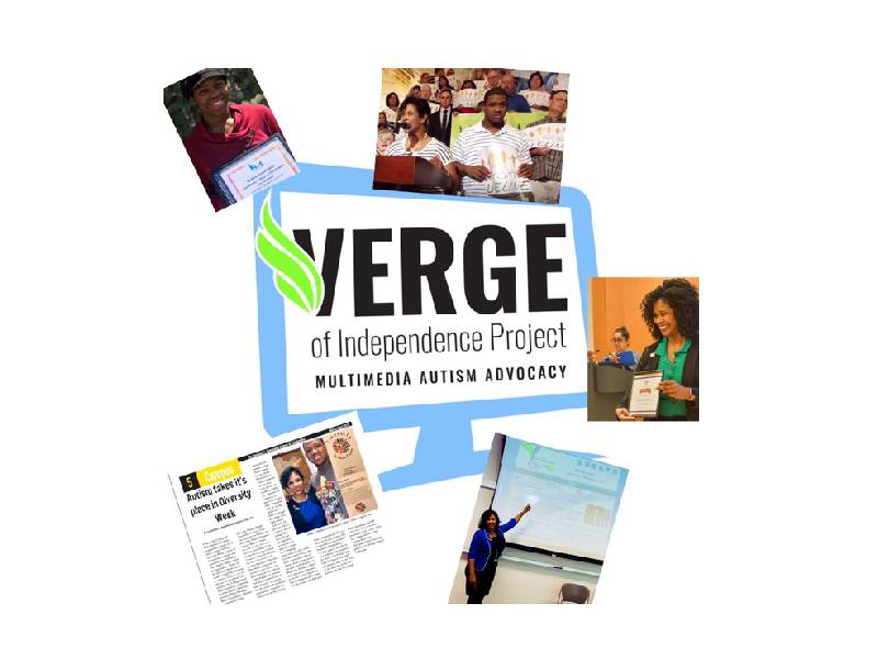 The Verge of Independence project logo - a computer monitor with text, and a photo collage of Eva Blackwell and her son accomplishing goals for the organization