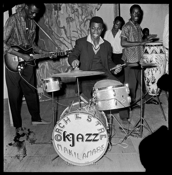 black and white photograph Ok Jazz band in Leopoldville, 1965