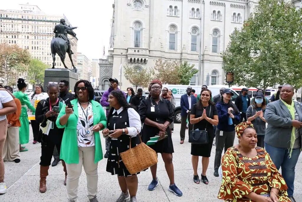 Attendees of event in front of Philadelphia City Hall