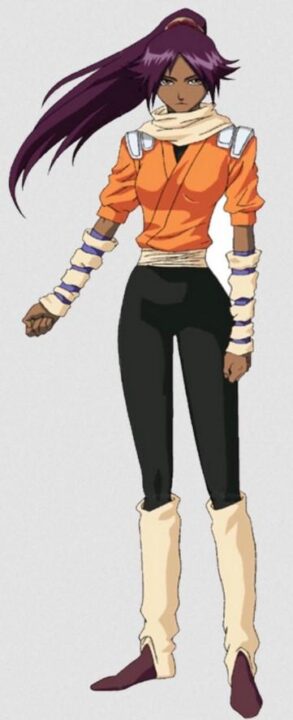 Yoruichi, a black woman with purple ponytail, scarf, orange Japanese style wrap shirt, black leggings, and leg and arm warmers