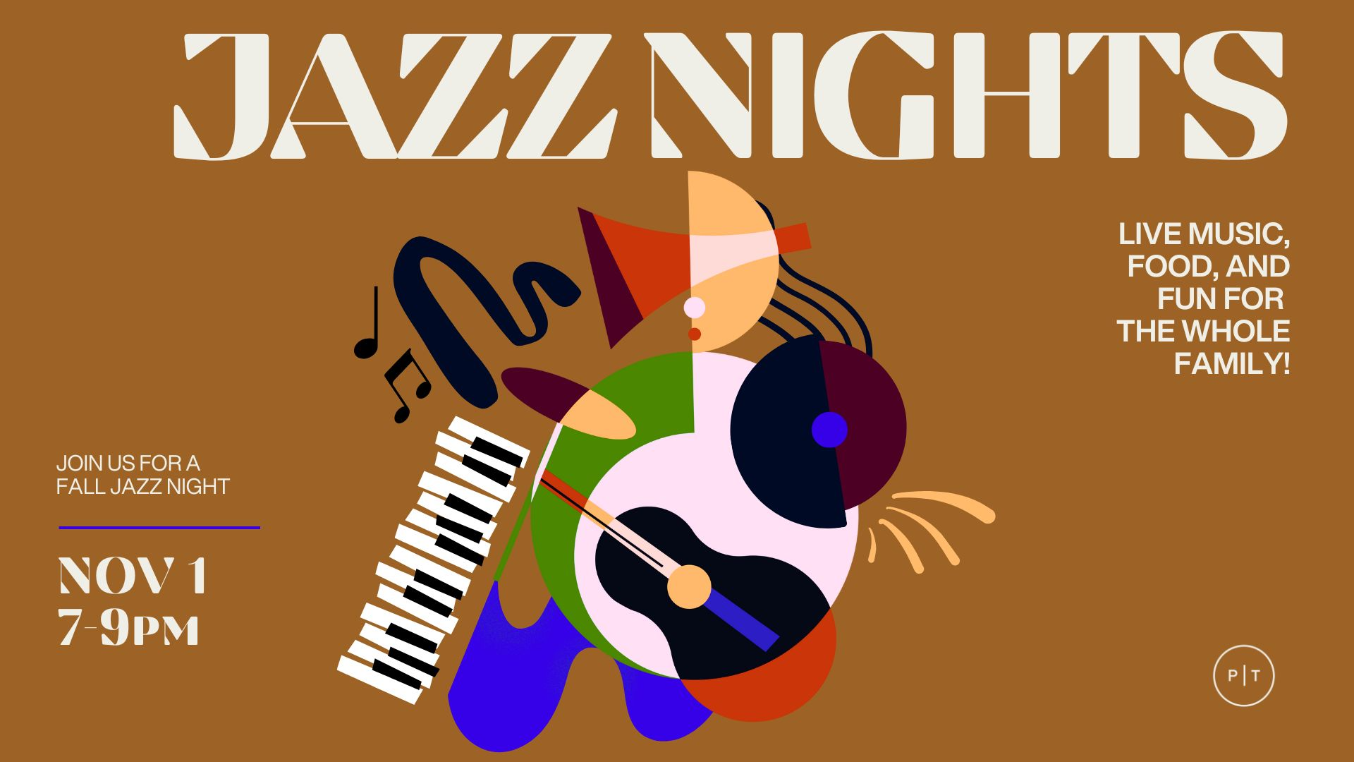 Jazz Nights promo image with contemporary design of piano and jazz instruments