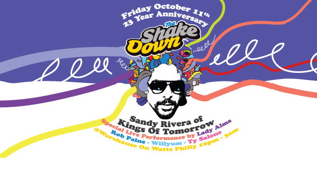 Promotional image for The Shake Down -- bearded man in sunglasses with colorful ribbons coming out of his afro