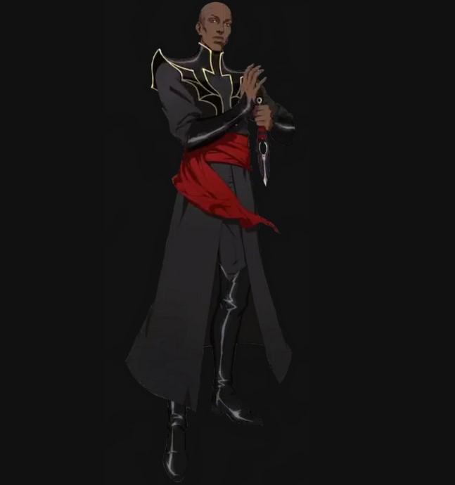 Isaac, a tall, dark brooding character in black long jacket with high collar and embellished shoulders, red sash, and tall black boots