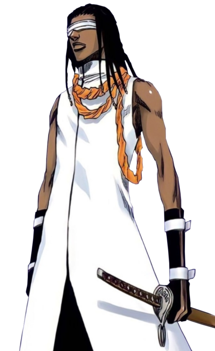 Tosen, a tall Black man with blindfold over his eyes, his hair in dreadlocka. HE has a no-sleeve high collared shirt, arm guards, and carries a Japanese sword.