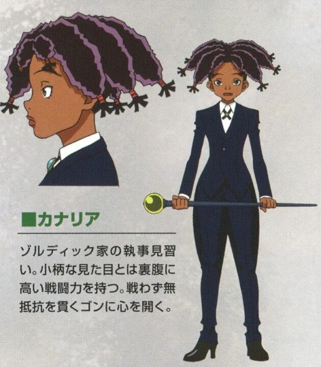 Canary, a Black girl anime character in heels, a form-fitting suit, collared shirt, and carrying a cane. Her hair is styled in Bantu knots.