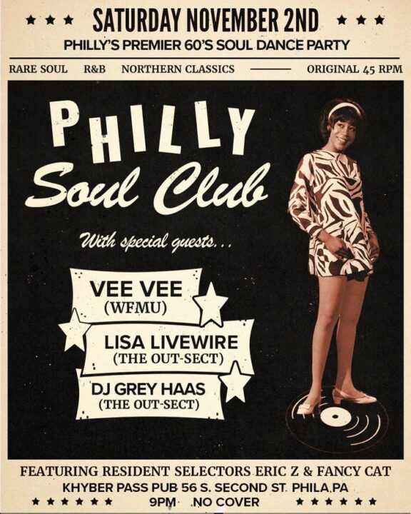 Philly Soul Club promo image with African American woman dressed in 1960s mini dress 