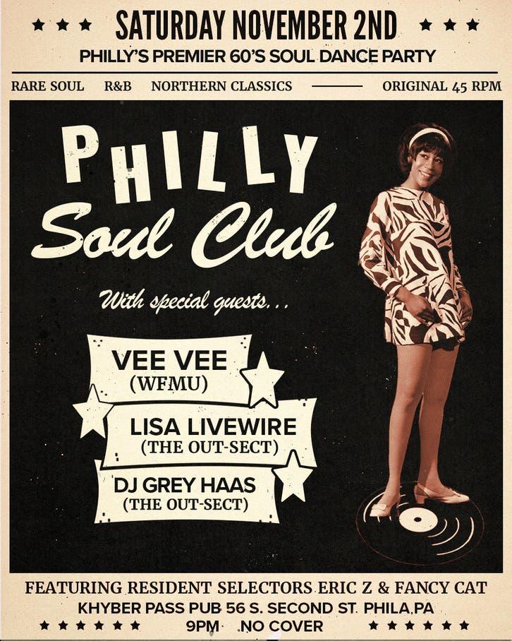 Philly Soul Club promo image with African American woman dressed in 1960s mini dress