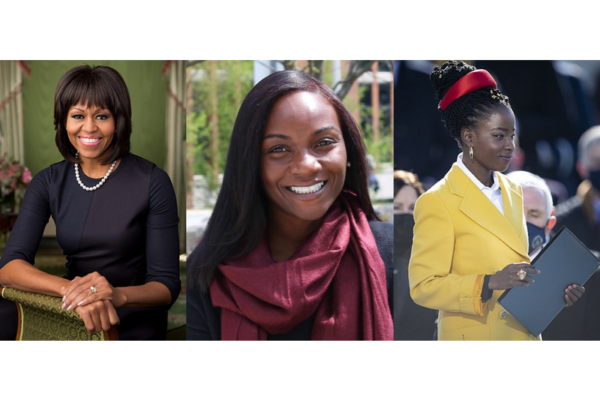 Collage of influential Black women -- Michelle Obama, Dr. Kizzmekia Corbett, and Amanda Gorman