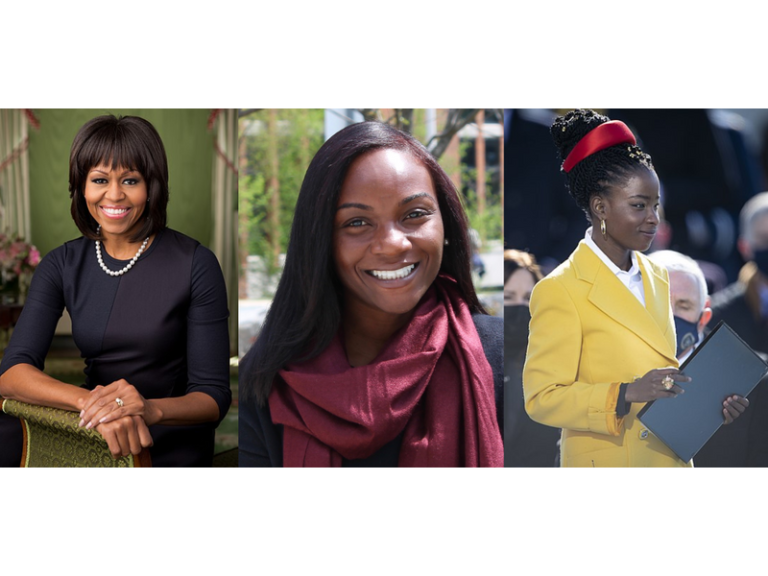 Collage of influential Black women -- Michelle Obama, Dr. Kizzmekia Corbett, and Amanda Gorman