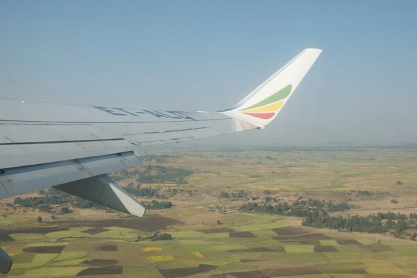 View from airplane flying over Ethiopian farmland