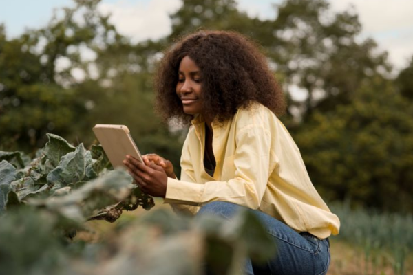 A Black woman crouching down to monitor crops while looking at a tablet