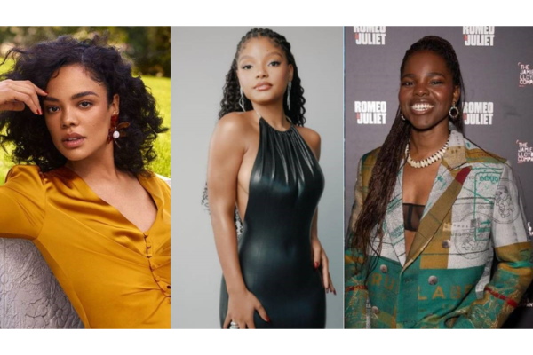 Collaged photos of actress Tessa Thompson, Halle Bailey, and Francesca Amewudah-Rivers