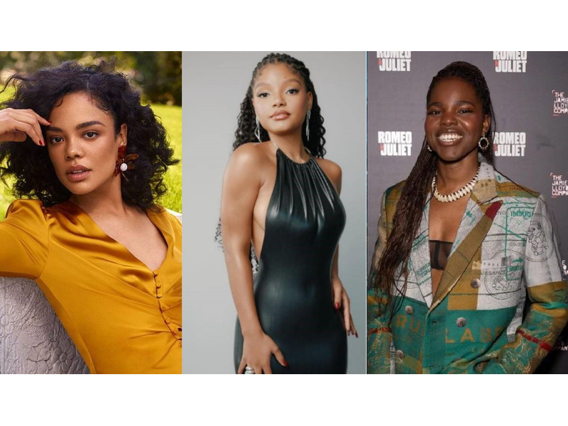 Collaged photos of actress Tessa Thompson, Halle Bailey, and Francesca Amewudah-Rivers