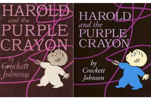 two covers for Harold and the Purple Crayon - the left side Harold has more of a tan complexion, and on the right he has more of a pale complexion.