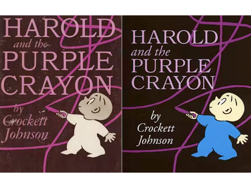 two covers for Harold and the Purple Crayon - the left side Harold has more of a tan complexion, and on the right he has more of a pale complexion.