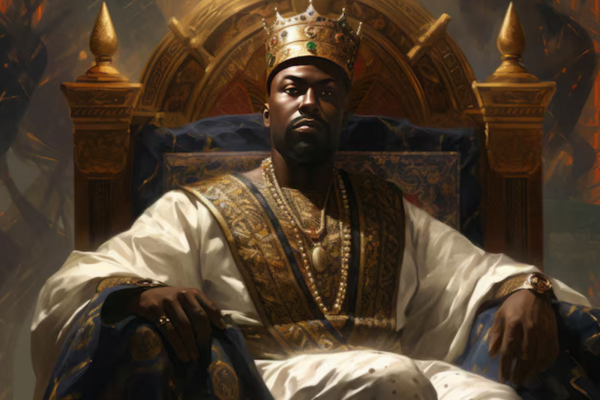 Modern rendition of Mansa Musa, a bearded African man with a golden crown, embroidered robe, seated majestically on throne