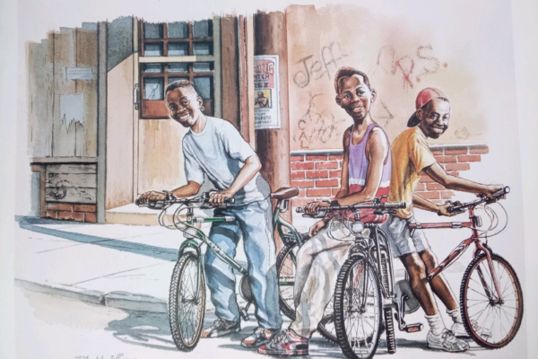 A watercolor painting of young African American children at a street corner with their bikes with big smiles