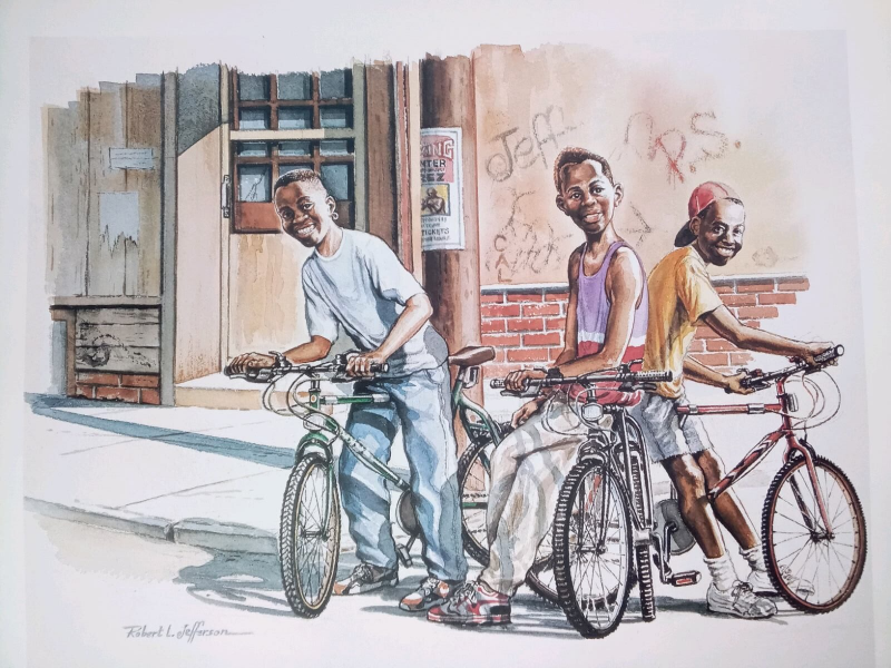 A watercolor painting of young African American children at a street corner with their bikes with big smiles