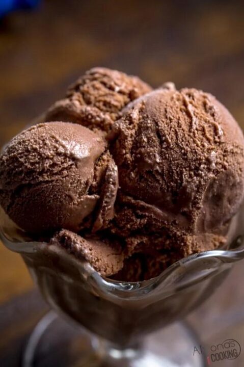 three scoops of chocolate ice cream in a dish