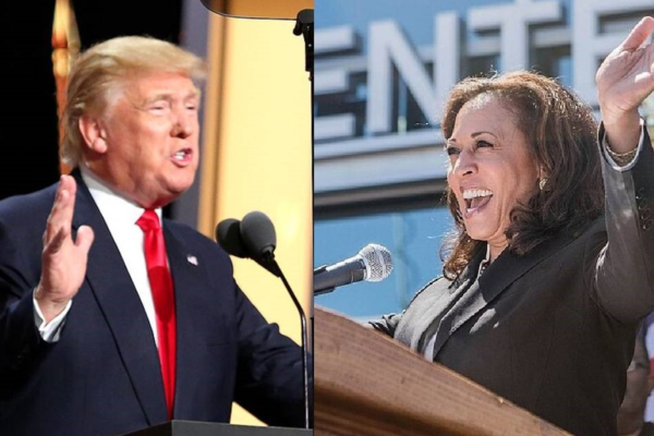 photo collage of candidates Trump and Harris, each making speeches