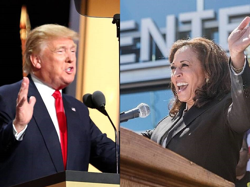 photo collage of candidates Trump and Harris, each making speeches