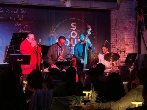 The Steve Turre Sextet with special guest Andromeda Turre performing on stage at South Restaurant and Jazz Club. 