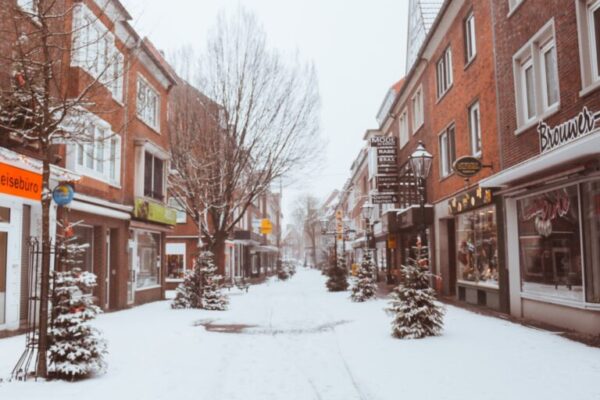 photograph of a brick townscape in the snow