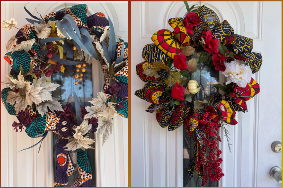 colorful wreaths made with Ankara fabric prints, feathers, and silk florals hanging on the doorway