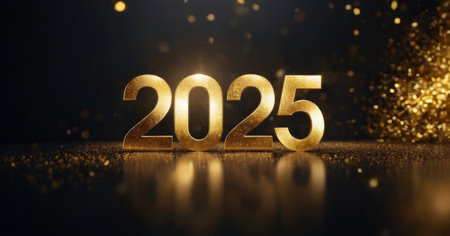 a graphic of the number, 2025 in gold with glitter