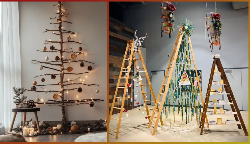 Christmas trees made of branches, and Christmas trees fashioned from ladders with various ornaments from dried fruits and pinecones to candles on the ladder steps.