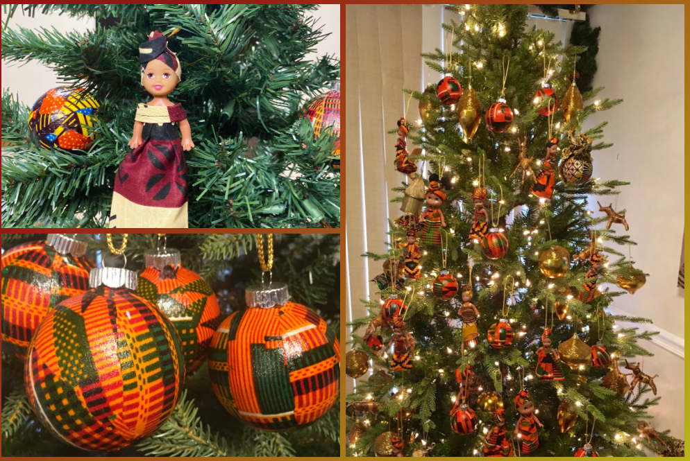 a doll wearing traditional 
African attire, and Kente cloth patterened glass ornaments hanging on a Christmas tree