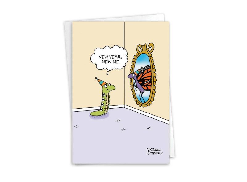 a card with a cartoon of worm looking at the mirror and a butterfly in the reflection. the worm is saying "new year new me"