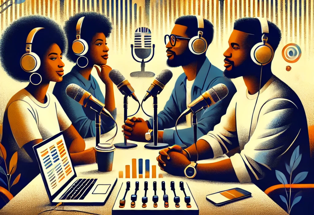 illustration of Black men and women gathered around a table to host a podcast