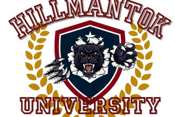 logo of Hillmantok University, a crest with a bear emerging from it surrounded by laurel branches