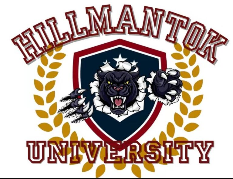 logo of Hillmantok University, a crest with a bear emerging from it surrounded by laurel branches