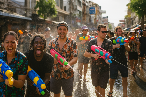a group of young tourists carrying super soakers at the Songkran festival in Thailand