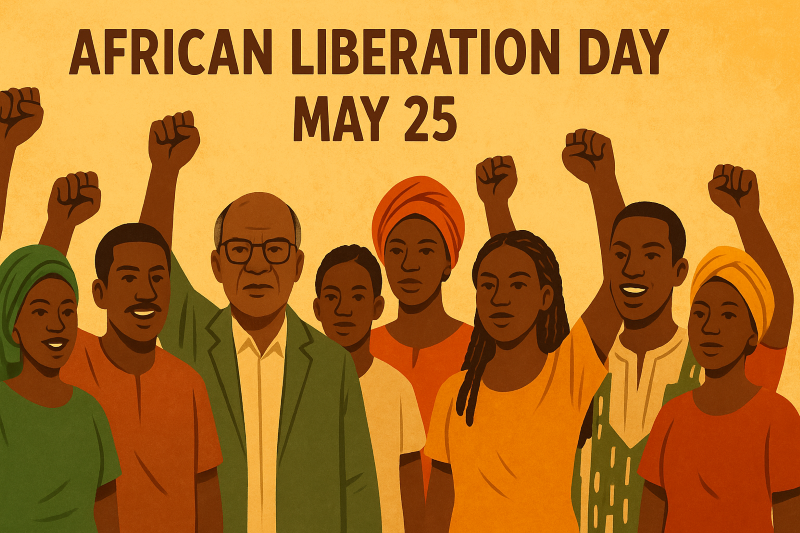Illustration of a group of Black people young and old with fists raised in solidarity for African Liberation Day.