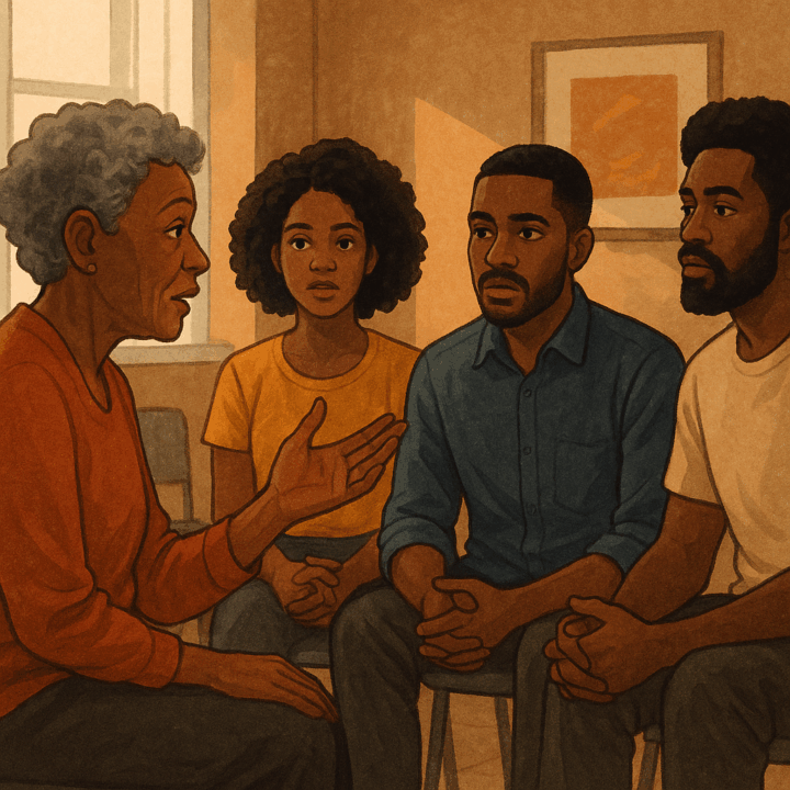 a group of Black people of various ages sitting in a circle, listening to an elderly woman sharing her thoughts