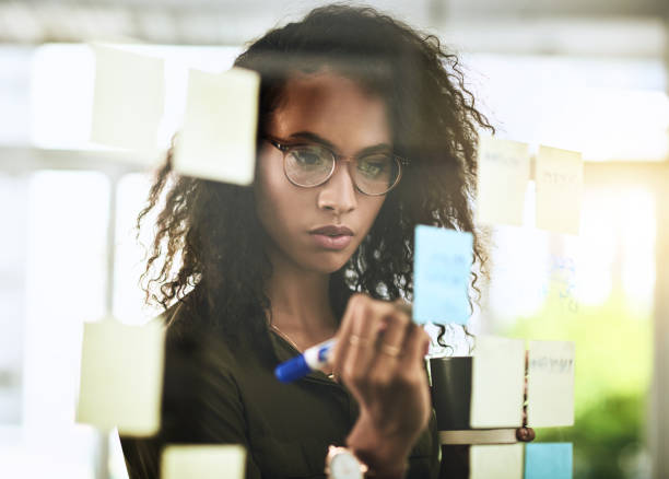 Shot of a young businesswoman writing notes on a glass wall in an office