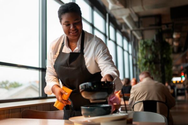a Black woman wearing a white shirt and black apron cleaning up a table at a restaurant