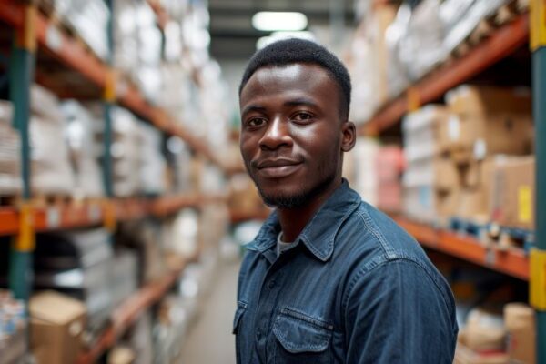 Black man standing in the aisle of a warehouse