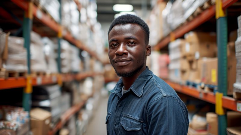 Black man standing in the aisle of a warehouse