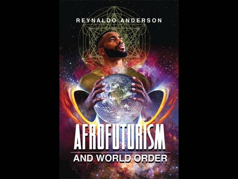 promo image for Afrofuturism and World Order-- with a background of outer space and an African American man holding a globe