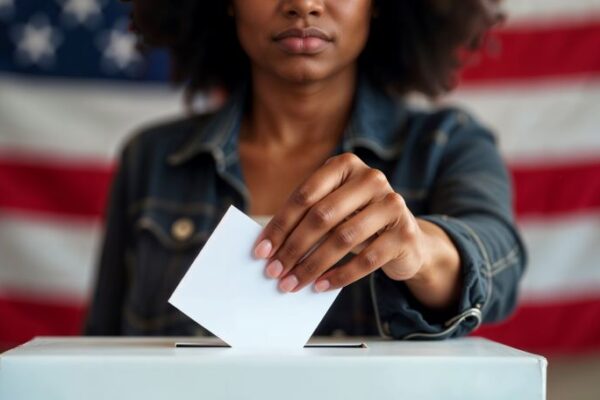 Front view of African American woman placing her vote through a slot into a closed box, the United States flag in the background