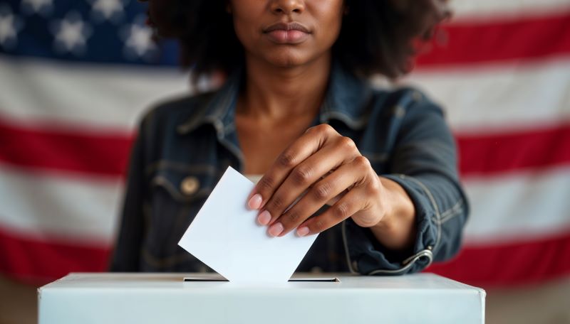 Front view of African American woman placing her vote through a slot into a closed box, the United States flag in the background